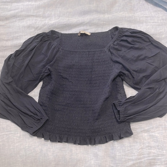 Loft by Ann Taylor Navy Cotton Smocked Cotton Puffed Sleeve Top - Picture 2 of 3